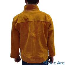 Load image into Gallery viewer, LEATHER WELDING JACKET COW SPLIT HEAT RESISTANT SPATTER WELDERS COAT PPE TAN YELLOW