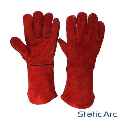 WELDING GLOVES GAUNTLET PAIR LEATHER STOVE BURNER FIRE OVEN HEAT RESISTANT RED